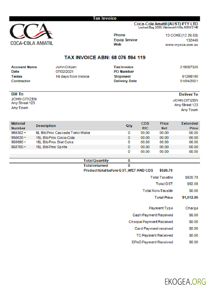 USA Coca, facture Cola